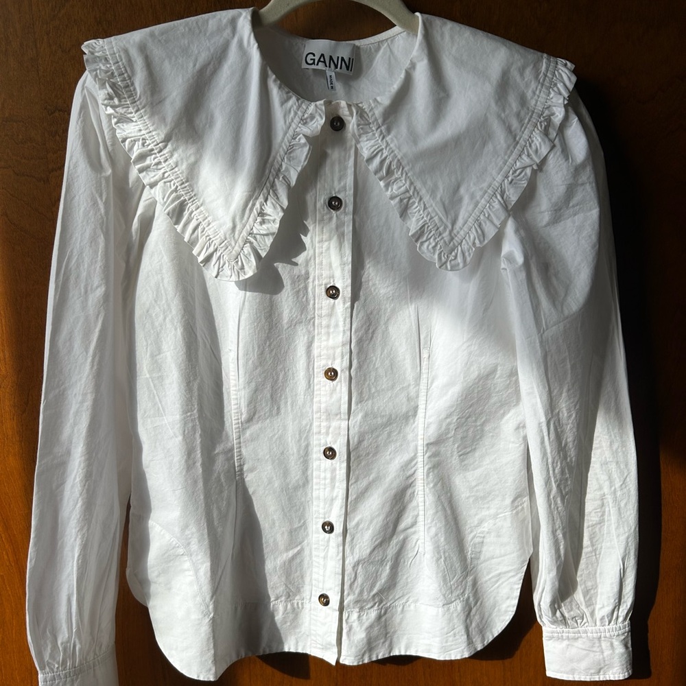 Ganni White Frill Collar Poplin Shirt